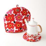 Northern European Style Red Flowered Cotton Cloth Tea Cozy with Teapot Coaster Handmade by Japanese Craftsman...