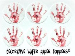 24 HALLOWEEN Bloody Hand Print Decorative Wafer Paper Toppers &copy; CUPCAKE TOPPERS SMALL 1.5&quot; Diameter Size