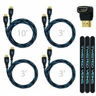 Twisted Veins High Speed HDMI Receiver Pack (includes Three 3' and One 10' cables) + Right Angle Adapter and Velcro...