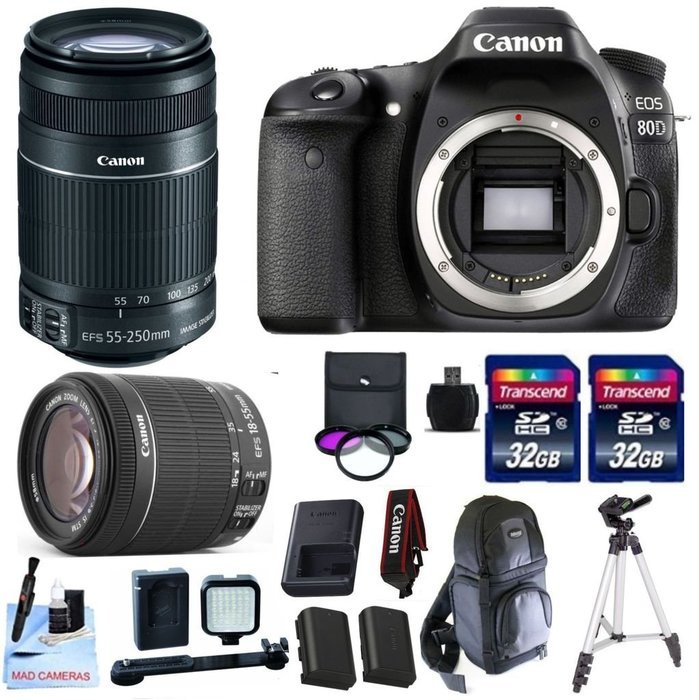 Canon EOS 80D + Canon 18-55m IS STM Standard Zoom Lens + Canon 55-250mm IS STM + 2 32GB Transcend SD Memory Cards...