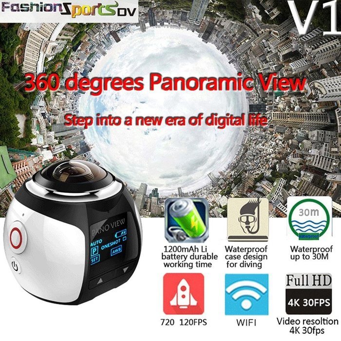 niceEshop(TM) 4K 360 Degree Wifi Panoramic Camera Ultra HD 2448x2448 Mini Sport Action Driving VR Camera, Blue N20