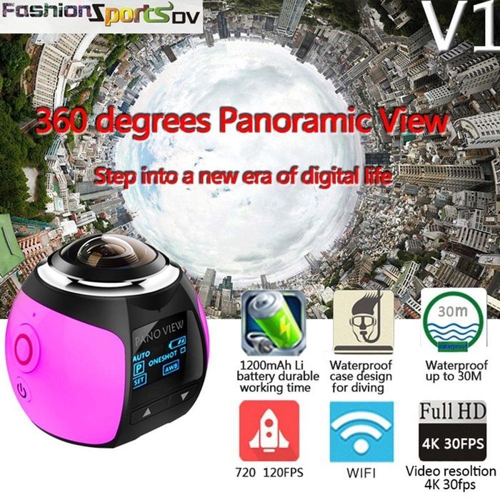 niceEshop(TM) 4K 360 Degree Wifi Panoramic Camera Ultra HD 2448x2448 Mini Sport Action Driving VR Camera, Blue N22