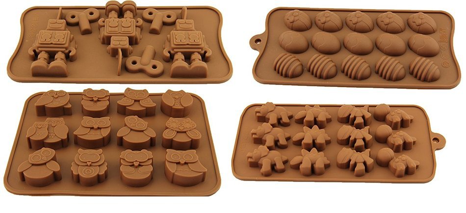 Aikoi Silicone Mould to DIY Making Candy, Chocolate, Mousse - Robot, Easter Eggs, Owls, Dinosaur(Set of 4) N6