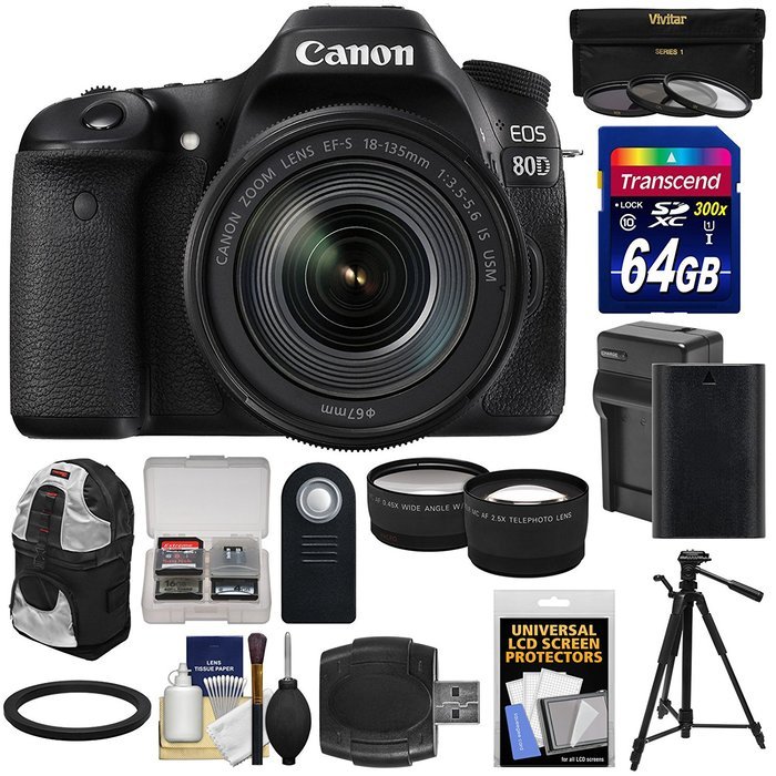 Canon EOS 80D Wi-Fi Digital SLR Camera & 18-135mm IS USM Lens with 64GB Card + Battery & Charger + Backpack +... N2