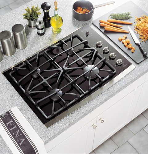 Profile 30" Gas Cooktop with 4 Sealed Burners PowerBoil 15 000 BTU Burner Ceramic Glass Cooktop Control Lock Capability...
