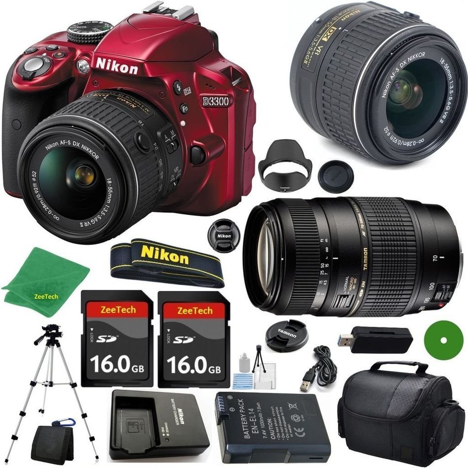 Nikon D3300 International Version - No Warranty, 18-55mm f/3.5-5.6 VR, Tamron 70-300mm DI LD Zoom, 2pcs 16GB ZeeTech...