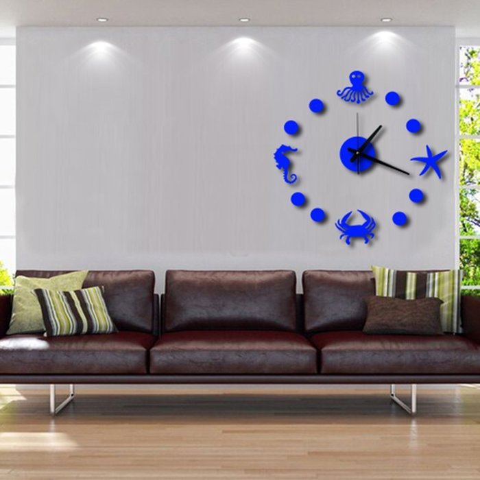 MuLuo DIY Mediterranean Starfish Hippocampus Wall Clock 3D Wall Stickers Watches Home Decor red N3