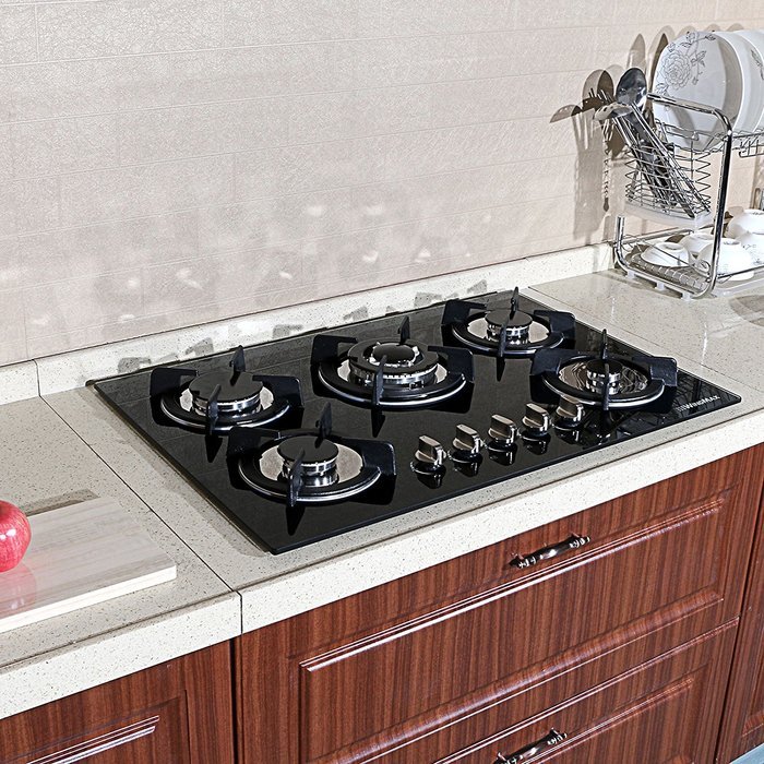 30 Inch New Fashion Black Tempered Glass Kitchen 5 Burner Gas CookTop Built-in Style N5