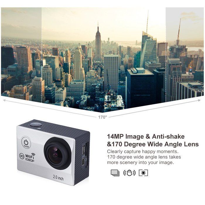 Andoer Action Camera 1080P FHD 30fps 14MP Novatek NTK96655 Waterproof 30m WiFi 2.0" LCD 170 Degree Wide Angle... N15