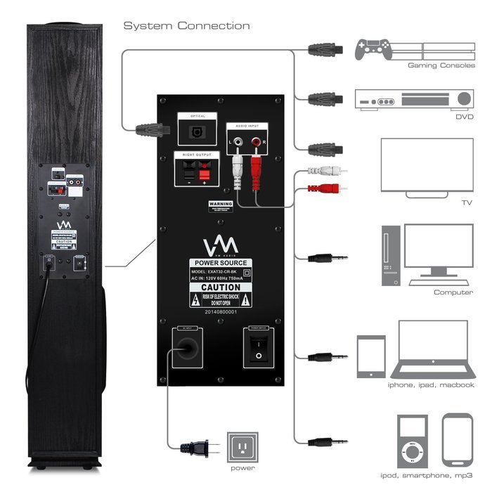VM Audio EXAT32 Cherry/Black Floorstanding Powered Bluetooth Tower Speakers Pair N3