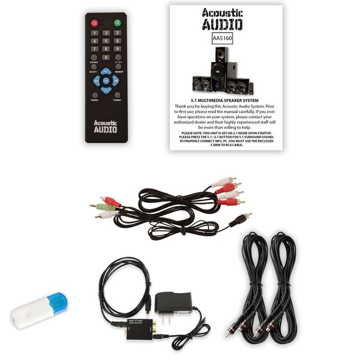 Acoustic Audio AA5160 Home 5.1 Speaker System with USB Bluetooth Optical Input FM and 2 Ext. Cables
