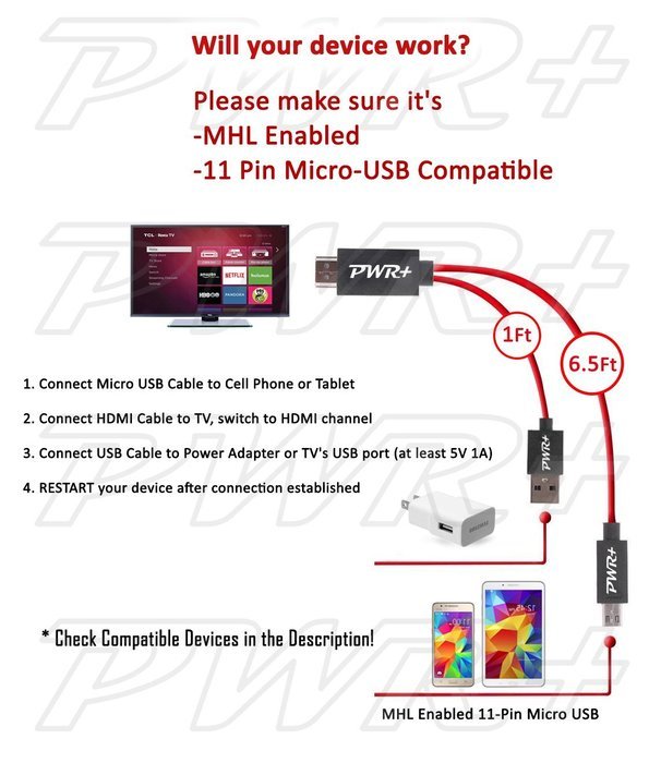 Pwr+ Extra Long 10 Ft MHL to HDMI Adapter Cable 11 Pin Micro-USB for Samsung Galaxy S5 S4 S3 Note 3 2 Phone; Tab... N4