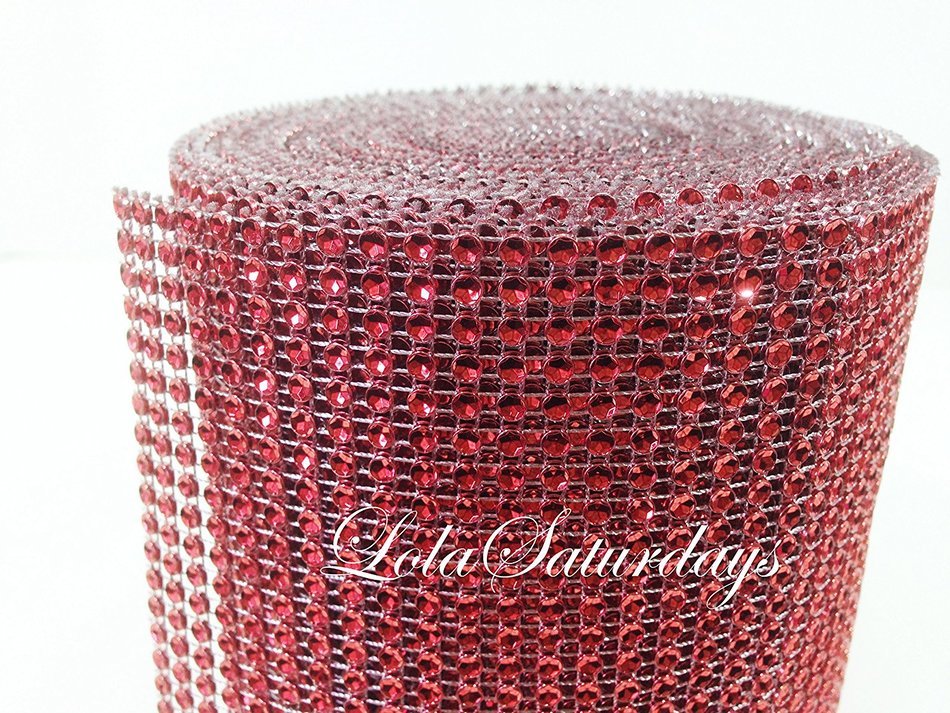 LolaSaturdays 4.5"x 30FT Red Diamond Rhinestone Ribbon Wrap Roll- Cake and party decoration Red