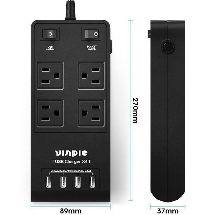 Vinpie Portable International 4-Outlet Surge Protector Travel Charger with 4-USB Charger Ports, Power Strip Charging... N2