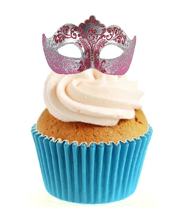 Novelty Masquerade Mask Pink Sparkle 12 Edible Stand up wafer paper cake toppers (5 - 10 BUSINESS DAYS DELIVERY...