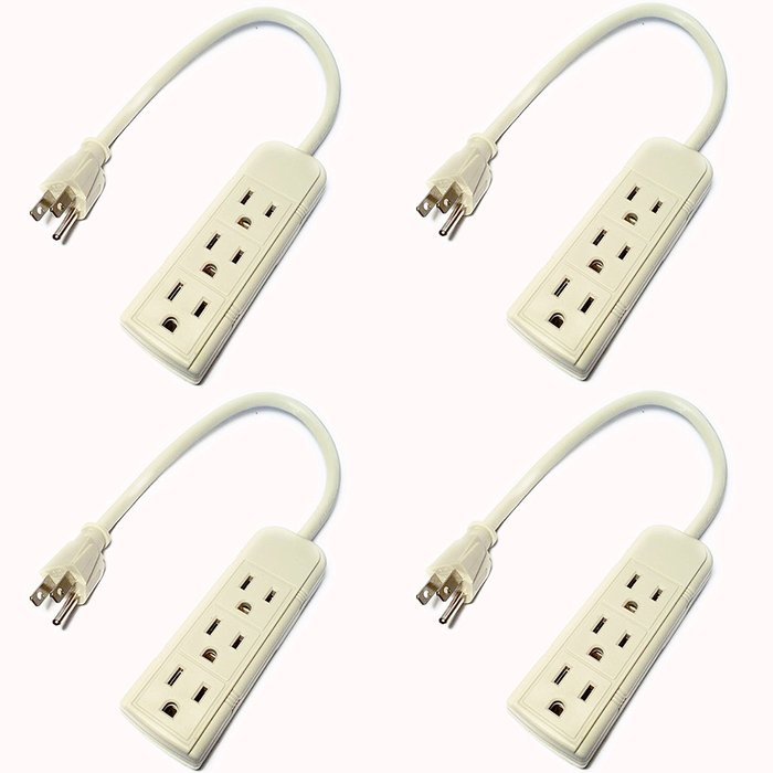 JFullerton Bundle 4 Sets Of 120 Volt 1 ft Grounded Power Cord w/ 3 Outlet Power Strip