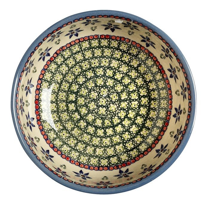 Ceramika Wiza Genuine Polish Pottery Blue Green Floral Mixing Bowl, 8-Inch