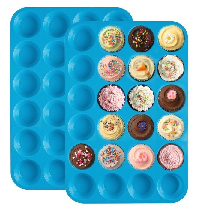 Homankit 2 Pack Silicone Mini Muffin Pan - 24 Cups Blue Mold & Baking Tray - Reusable, Non-Stick Bakeware for...
