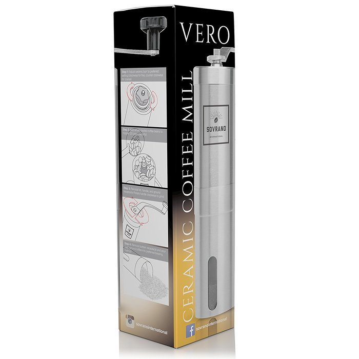 The Sovrano Int'l Coffee Grinder - Best Ceramic Conical Burr Coffee Bean Grinder, Stainless Steel - Aeropress...