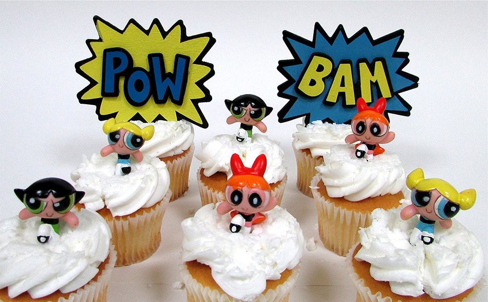 POWERPUFF GIRLS 8 Piece Birthday CUPCAKE Topper Set Featuring Powerpuff Girls Figures and Decorative Themed Accessories...