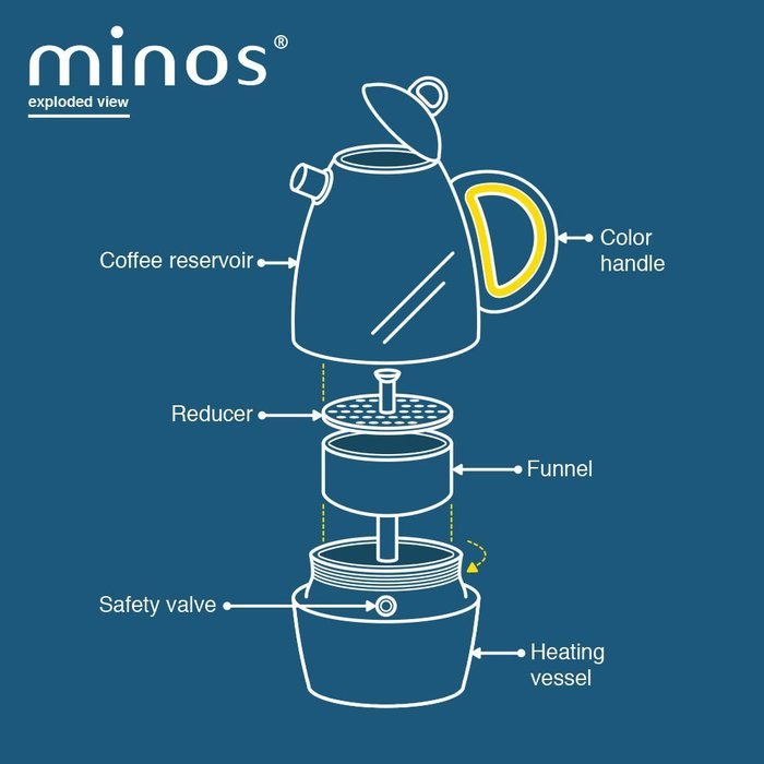 Minos Moka Pot Espresso Maker &nbsp;- 6 cup - 10 fl oz - Stainless Steel and Silicon Handle - Suitable for Gas, Electric...