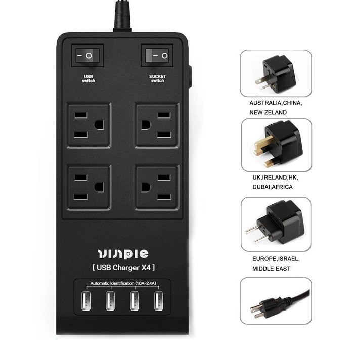 Vinpie Portable International 4-Outlet Surge Protector Travel Charger with 4-USB Charger Ports, Power Strip Charging... N4