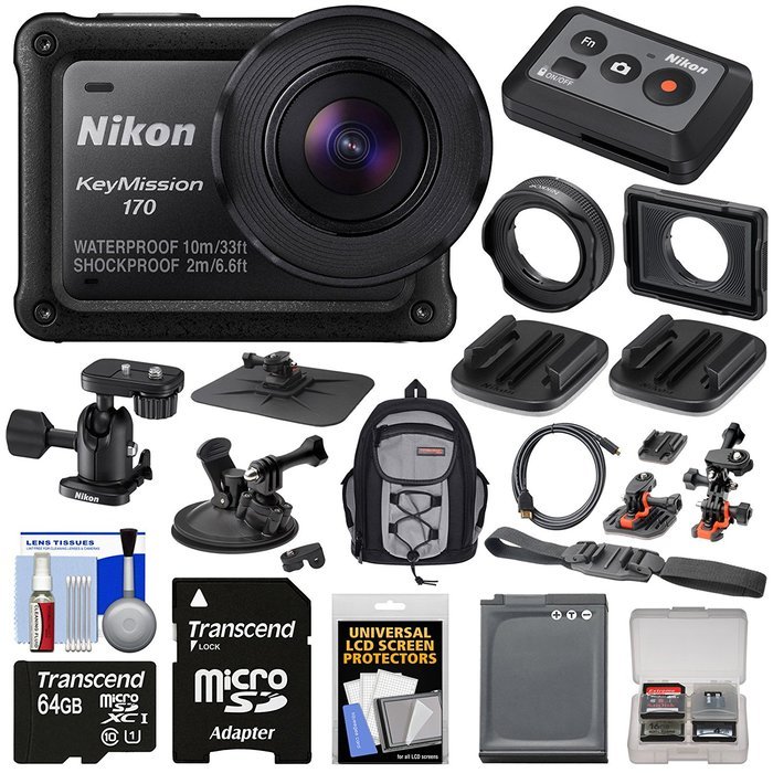 Nikon KeyMission 170 Wi-Fi Shock & Waterproof 4K Video Action Camera Camcorder + Remote + Suction Cup, Dash &...