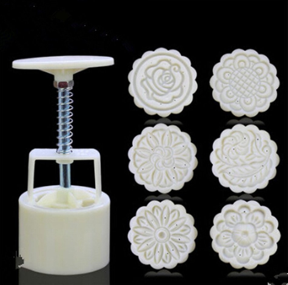 Round Shape Moon Cake Pastry Mold Hand Pressure 75g One Barrel 6 Flower piece baking mold for Mid-Autumn