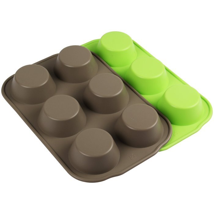 Yilove 6 Cup Silicone Muffin Pan,set Of 2 (coffee Brown And Lemon Green 