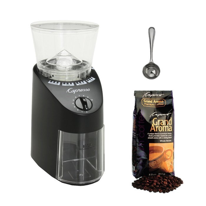 Capresso Jura Infinity 560.01 Conical Burr Coffee Grinder Black + Capresso Grand Aroma Whole Bean Coffee (8.8oz...