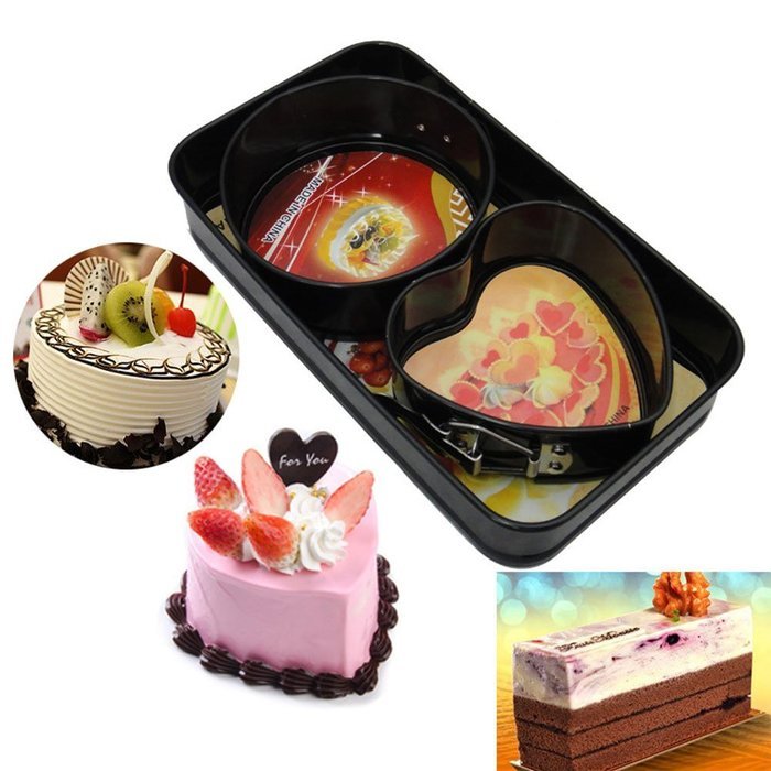 YX Novelty Nonstick Bakeware 3-Piece Springform Pan Set with Removable Bottom- Rectangular, Round, Love Shapes N5