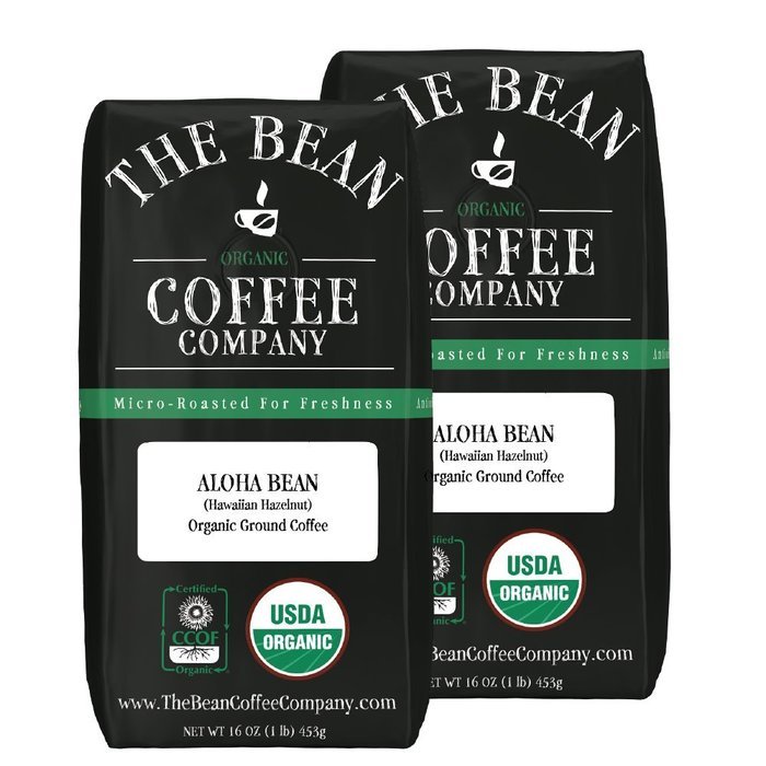 The Bean Coffee Company Aloha Bean (Hawaiian Hazelnut), Organic Ground Bean, 16-Ounce Bags (Pack of 2)