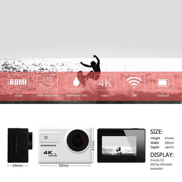 ICONNTECHS IT Ultra HD 4K Sport Action Camera WIFI 1080P 60fps HDMI 20MP+ 170 Degree Wide Viewing Angle Waterproof... N24