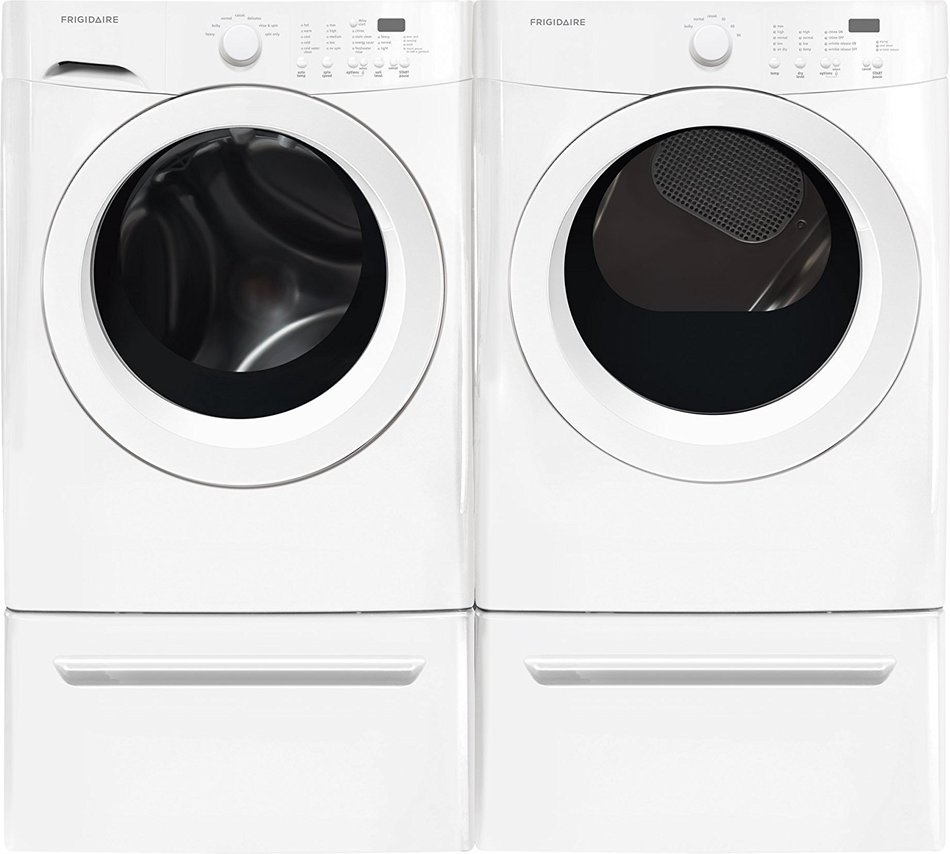 Frigidaire White Front Load Laundry Pair with FFFW5000QW 27" Washer, FFQE5000QW 27" Electric Dryer and 2 CFPWD15W...