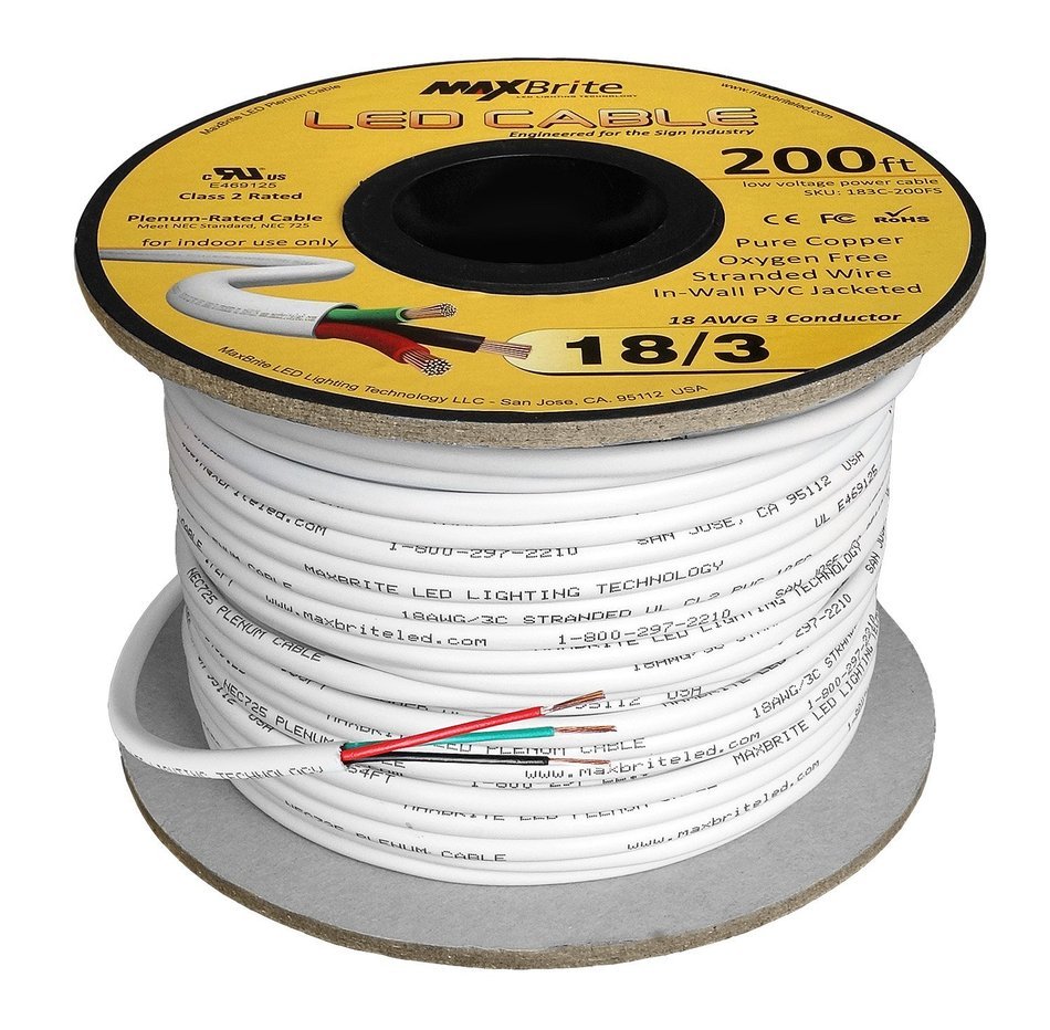 18AWG Low Voltage LED Cable 3 Conductor Jacketed In-Wall Speaker Wire UL/cUL Class 2 (200 ft reel)