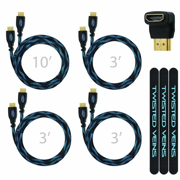 Twisted Veins High Speed HDMI Receiver Pack (includes Three 3' and One 10' cables) + Right Angle Adapter and Velcro...