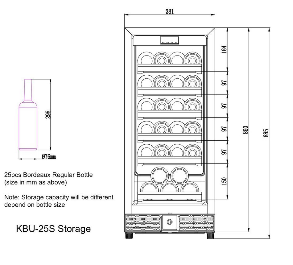 KingsBottle PRO Series 25 Bottle Single Zone Wine Cooler, Black N28