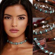 Vintage Bohemian Turquoise Bead Silver Collar Choker Necklace Ethnic Jewelry New