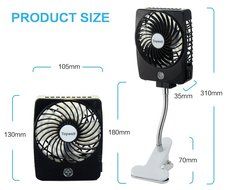 Topwell Mini Square Rechargeable Clip Base Fan with LED Light, Battery and USB Cable, Black N2