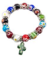 Agate Colorful Flowers Beads Stretchable Bracelet Zircons Crystal &amp; Cross Jerusalem N2