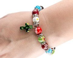 Agate Colorful Flowers Beads Stretchable Bracelet Zircons Crystal &amp; Cross Jerusalem N3