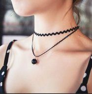 Elegant black lace Choker Pearl double clavicle necklace waves short chain NEW