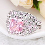 Women Jewelry 925 Silver Princess Cut Pink Gemstone Wedding Ring Set Deluxe New (10)