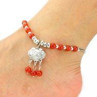 Voberry&reg; 1pc Women Beach Ingot Chain Red Pearl Chain Link Foot Anklet Chain Jewelry