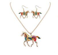 MENGDA Women Jewelry Oil Drip Rainbow Horse Pendant Necklace Earrings Set (WHITE)