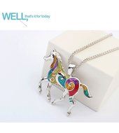MENGDA Women Jewelry Oil Drip Rainbow Horse Pendant Necklace Earrings Set (WHITE) N2