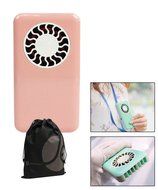 Pink Hand Held USB Charged Electric Fan With Neck Strap and Bonus Drawstring Storage Bag