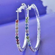 Stunning 925 Silver Plated Rainbow Swarovski Crystal Womens Hoop Earrings