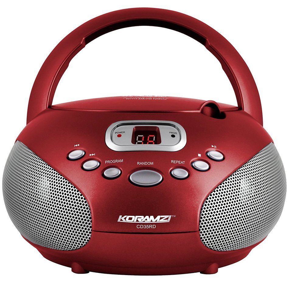 Koramzi Portable CD Boombox Sound System with Top-Loading CD Player, AM/FM Radio, and Aux Line-In- CD35(RED)