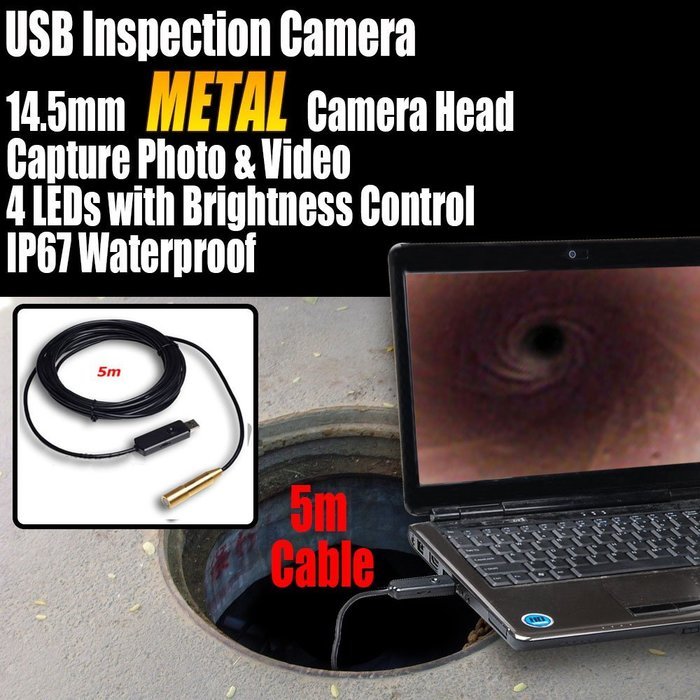 USB Endoscope Borescope Inspection 4 LED Waterproof Metal Camera 5M/16 Ft Cable